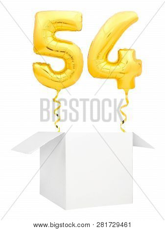 Golden Number Fifty Four Inflatable Balloon With Golden Ribbon Flying Out Of Blank White Box Isolate