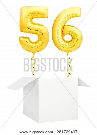 Golden Number Fifty Six Inflatable Balloon With Golden Ribbon Flying Out Of Blank White Box Isolated