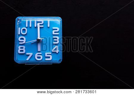 Alarm Clock Isolated On Niagara Blue Background. Time Alert Deadline Concept. Flat Lay. New Year Res