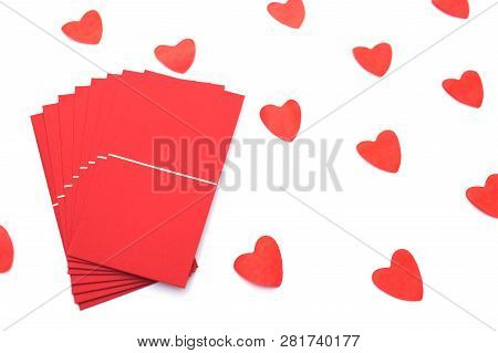 Red Envelope Isolated On White Background With Hearts. Сhinese New Year Festival. Copy Space. For Yo