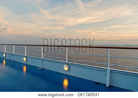 Cruise Ship. Summer Vacation, Wanderlust. Shipboard On Idyllic Seascape On Evening Sky. Ship Board I