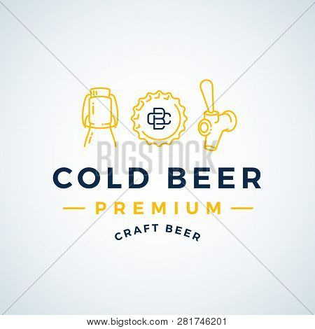 Premium Cold Beer. Abstract Vector Beer Sign, Emblem Or Logo Template. Growler Bottle, Cap And Beer 