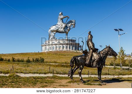 Tsonjin Boldog, Mongolia - September 14, 2018: The Giant Genghis Khan Equestrian Statue Is Part Of T