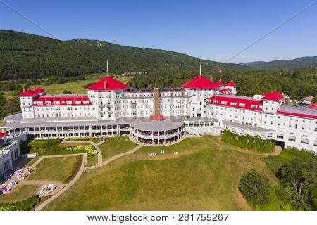 Aerial view of Mount Washington Hotel in summer in Bretton Woods, New Hampshire, USA. This Hotel hosted the Bretton Woods monetary conference in 1944.