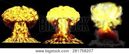 3 Large Highly Detailed Different Phases Mushroom Cloud Explosion Of Thermonuclear Bomb With Smoke A