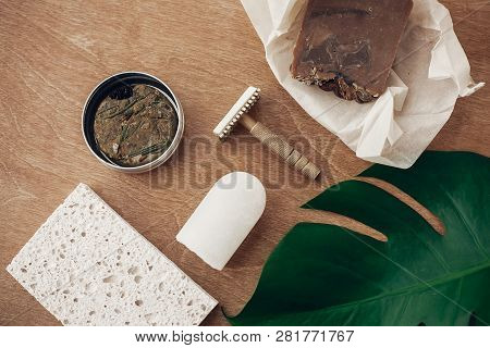 Zero Waste Flat Lay. Natural Soap, Solid Shampoo In Metal Tin, Reusable Razor, Crystal Eco Deodorant