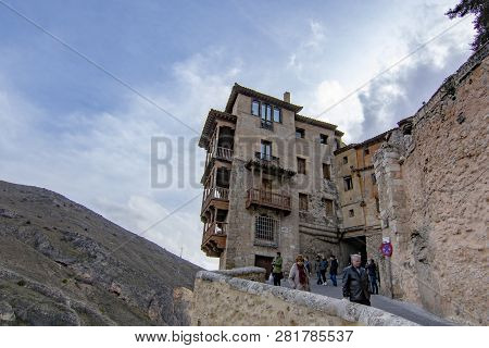 Cuenca , Spain; February 2017:  This View Shows The Hanging Houses Perched On The Cliffside And Brid