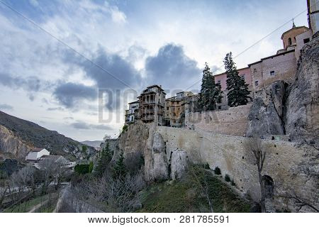 Cuenca , Spain; February 2017:  This View Shows The Hanging Houses Perched On The Cliffside