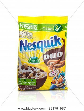 Chisinau, Moldova - February 2, 2019: Nestle Nesquik Breakfast Cereal For Breakfast. Isolated On Whi