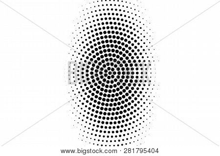 Black On White Oval Halftone Texture. Rough Dotwork Gradient. Distressed Dotted Vector Background. M