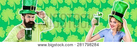 St Patrick's Day. Bearded Man In Top Hat. Portrait Of Pensive Man With Green Beer. Woman In Top Hat 