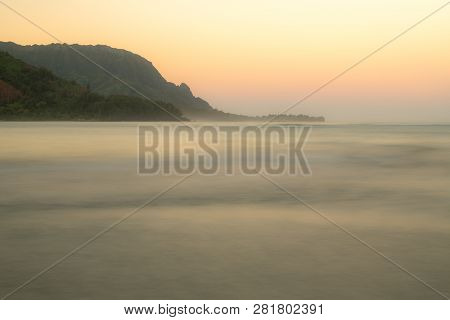 Sunrise Lights The Dawn Sky Above Hanalei Bay With The Na Pali Coast In The Background Near Hanalei,