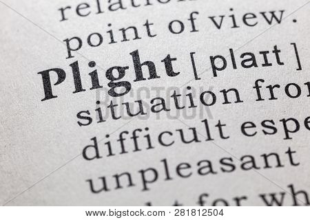 Fake Dictionary, Dictionary Definition Of The Word Plight. Including Key Descriptive Words.