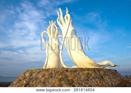 Cha Am, Thailand - December 10, 2018: Sculptures Of Giant Squid Close-up Against A Blue Sky
