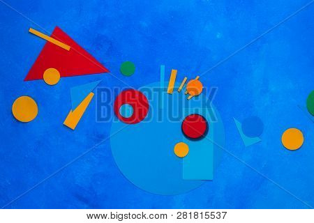 Colorful Geometric Shapes Background. Color Blocking And Simple Forms Concept. Suprematic Flat Lay W