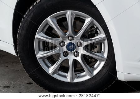 Novosibirsk, Russia -february 01, 2019: Ford Mondeo,  Close-up Of The Wheel. Photography Of A Modern