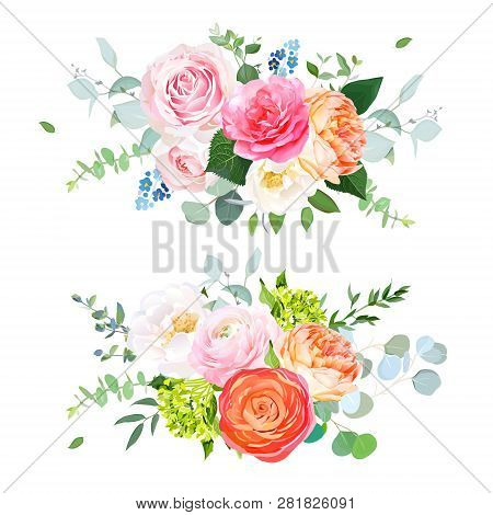 Pink And Magenta Garden Rose, Coral Juliet Rose, Orange Ranunculus, Green Hydrangea, Eucalyptus And 