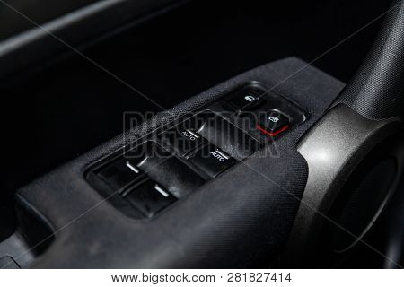 Novosibirsk, Russia -  February 01, 2019:  Honda Cr-v,  Close-up Of The Side Door Buttons: Window Ad