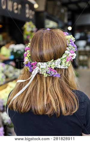 A Beautiful Wreath Of Of Limonium Sinuatum Or Statice Salem Flowers In Blue, Lilac, Violet, Pink, Wh