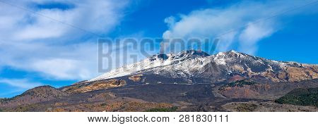 The Mount Etna Volcano With Smoke In Winter. Catania, Sicily Island, Italy, Europe