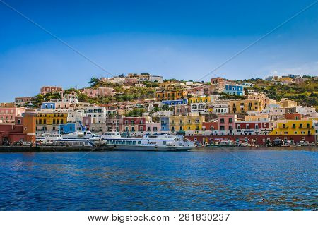 Ponza, Italy - September 9, 2018: View Of The Main Harbor And Port At Ponza, Italy. Boats At Sea And