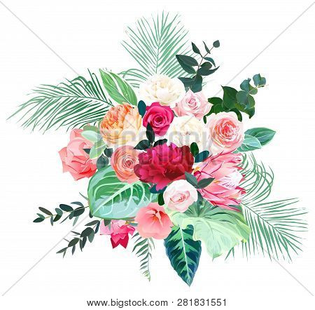 Tropical Bold Color Wedding Vector Design Bouquet. Orange Juliet Rose, Pink Protea, Burgundy Peony, 