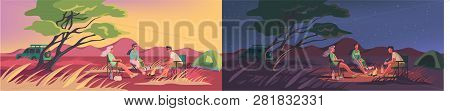 Summer Or Winter Camp In A Desert. Landscape With Green Tent, Campfire, Forest, Desert, Man, Women, 