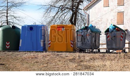 Five Large Rubbish Bins For Municipal Solid Waste And For The Separate Collection Of Recyclable Wast