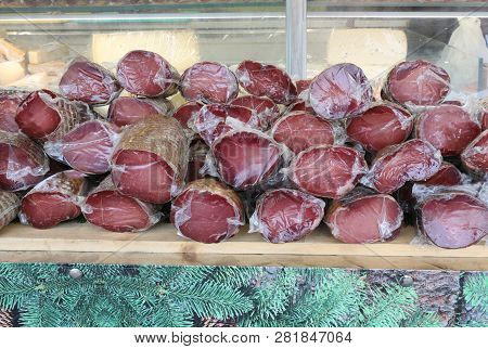 Packaged Sausage Vacuum Packed For Sale In The Stall Of Typical Products