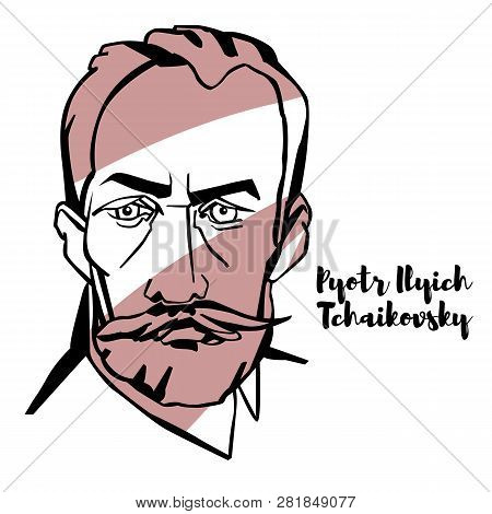 Pyotr Ilyich Tchaikovsky Engraved Vector Portrait With Ink Contours. Russian Composer Of The Romanti