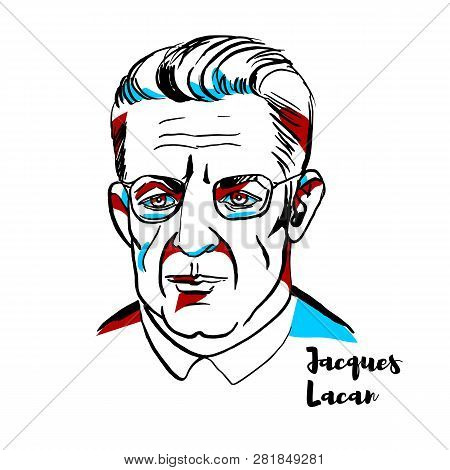 Jacques Lacan Engraved Vector Portrait With Ink Contours. French Psychoanalyst And Psychiatrist Who 