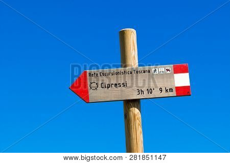 Siena, Italy - June 19, 2018. A Road Sign In The Crete Senesi (senese Clays) Reading: 