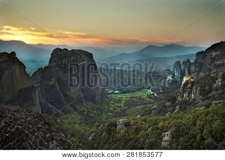 Beautiful Panoramic View Of A Meteora Valley With Some Of Its Monasteries
