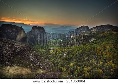 Beautiful Panoramic View Of A Meteora Valley With Some Of Its Monasteries
