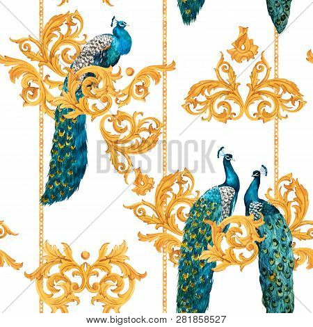 Beautiful Vector Seamless Pattern With Hand Drawn Watercolor Peacocks With Gold Elements