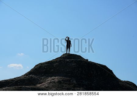 Meteora, Greece, October 11 2018, Meteora, Greece, October 11 2018, A Tourist Takes A Selfie With Th