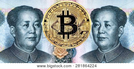 Cryptocurrency Bitcoin And Portrait Of Mao Zedong From Chinese Yuan Banknote. Business Concept Of Ne