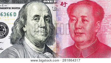 Portrait Of Benjamin Franklin Against Mao Zedong, 100 Us Dollars And 100 Chinese Yuan