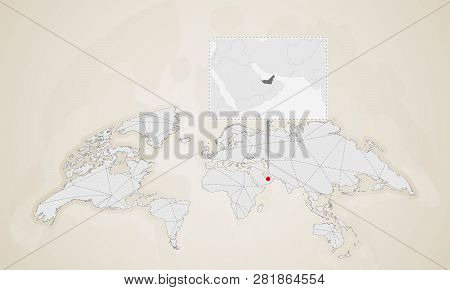 Map Of Uae With Neighbor Countries Pinned On World Map. Abstract Triangles World Map.