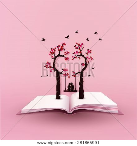 Concept Of Love And Valentine Day With Heart Tree And Cuple On The Book, Paper Art 3d From Digital C