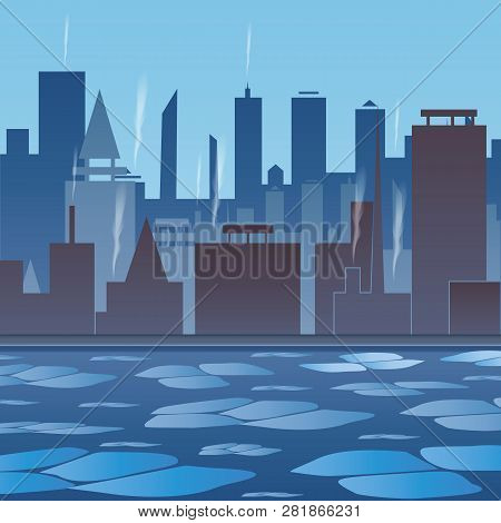 Winter In The City. City By The River. River With Ice. Anomal Frosts.