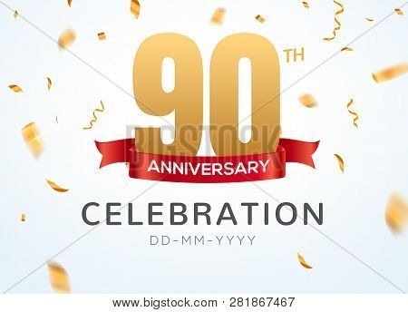 90 Anniversary Gold Numbers With Golden Confetti. Celebration 90th Anniversary Event Party Template.