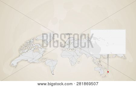 Map Of Vanuatu With Neighbor Countries Pinned On World Map. Abstract Triangles World Map.
