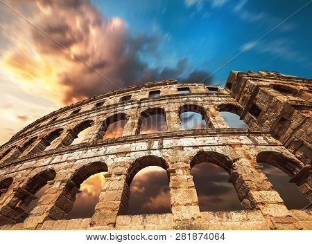 Pula Amfitheater With Dramatic Sky. Anticue Croatia
