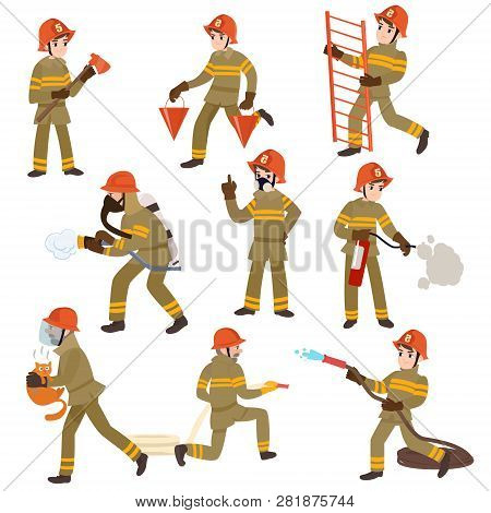 Boy Firefighter Wearing Protective Uniform And Helmet With Equipment Set, Freman Character Doing His