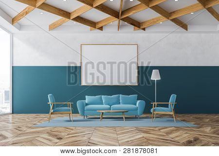 Blue Living Room Interior With Poster