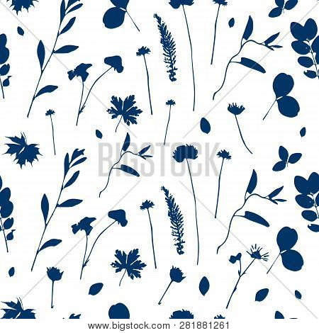Vector Cute Cyanotype Seamless Flower Pattern. Big Set Of Cyanotype Floral Elements. Can Be Used For