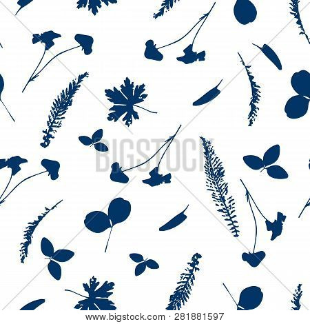 Vector Cute Cyanotype Seamless Flower Pattern. Big Set Of Cyanotype Floral Elements. Can Be Used For