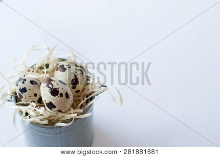Quail Eggs Isolated On White . Easter Background. Food Poscard