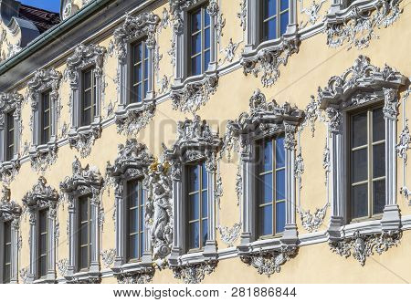 House Facade Of The Haus Zum Falken In Wuerzburg, A Franconian City In Bavaria